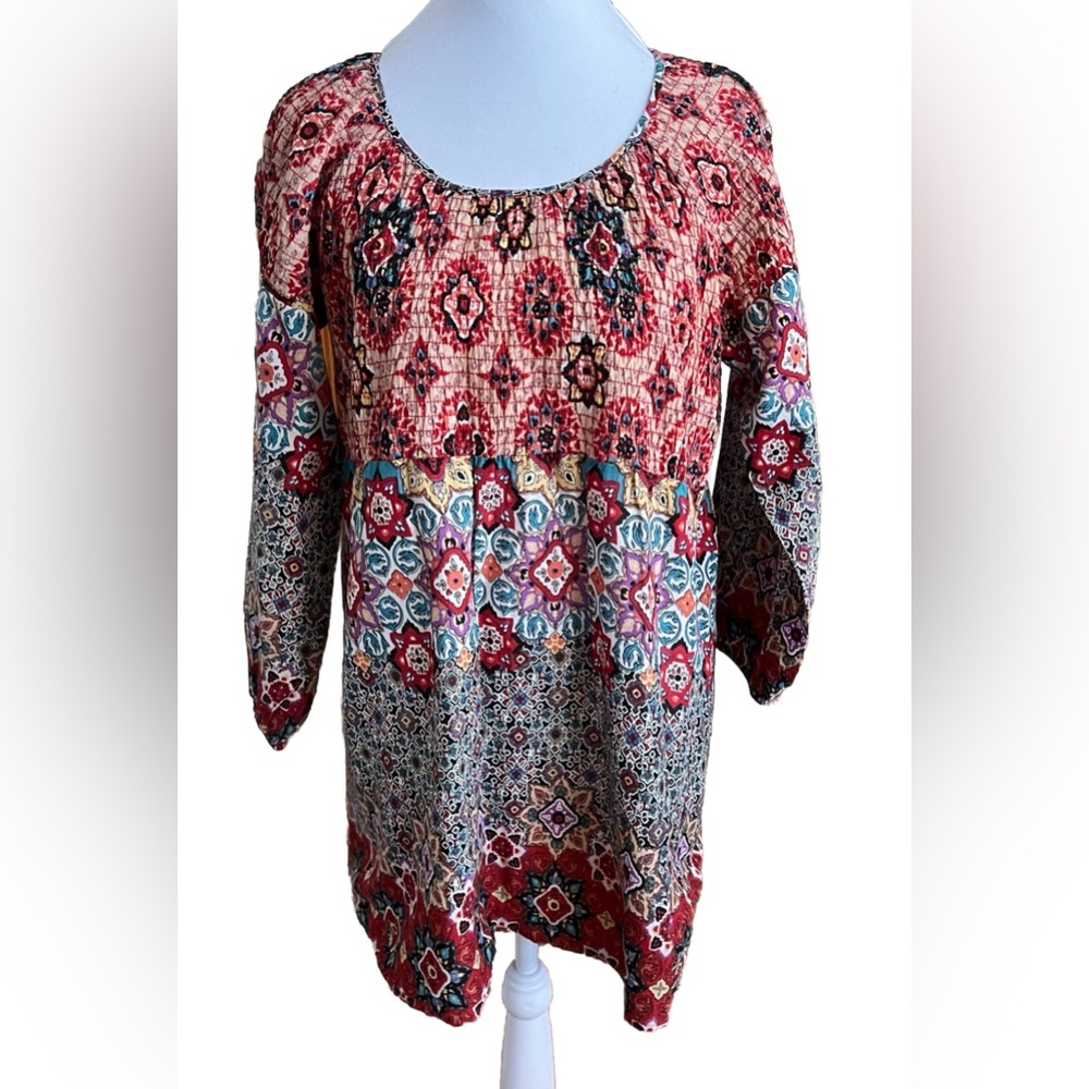 CRISS CROSS Funky Medallion Colorful Smocked 100% Cotton Mini Dress Size Small